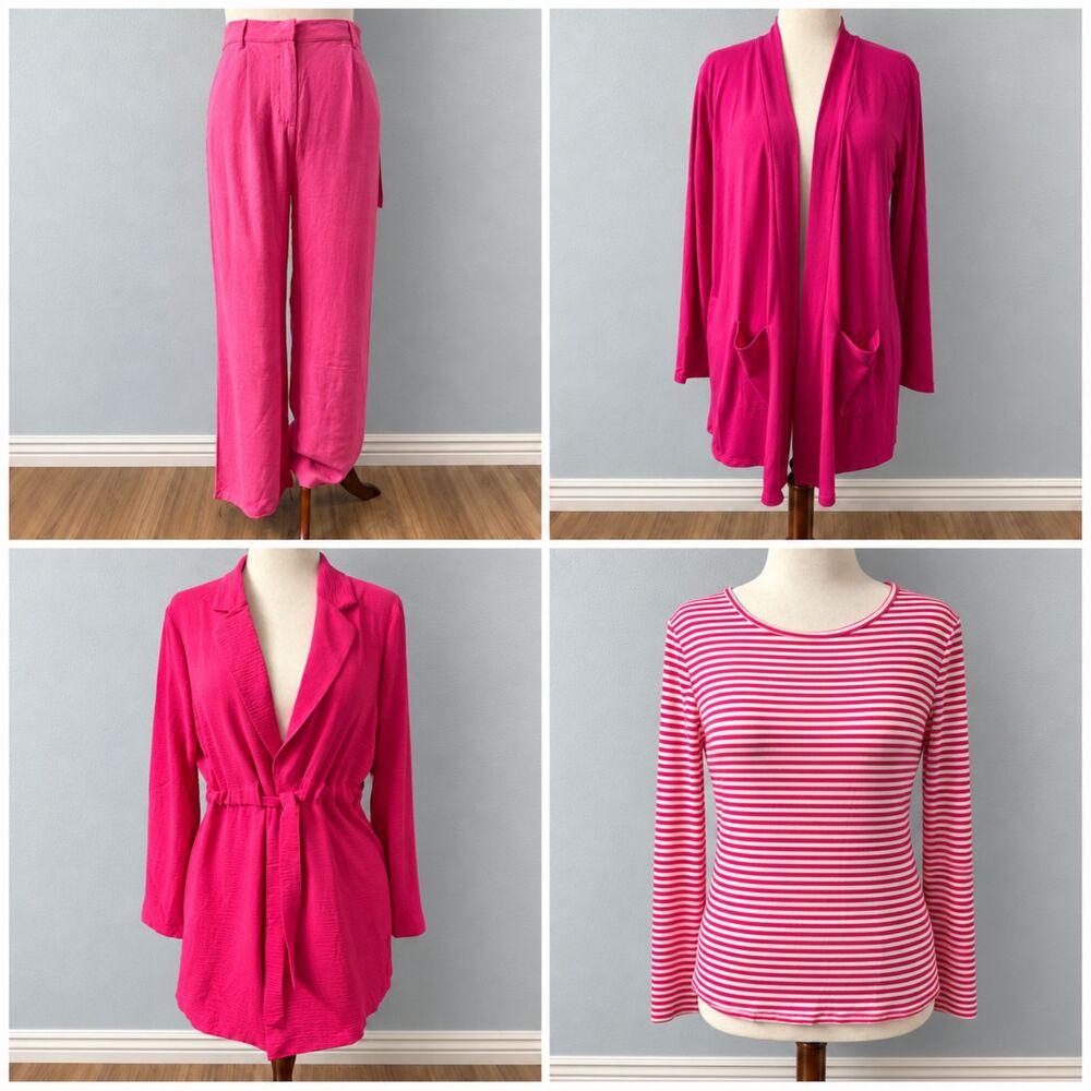 4 Piece Pink Capsule Wardrobe Blazer Pants Cardigan Striped Top
